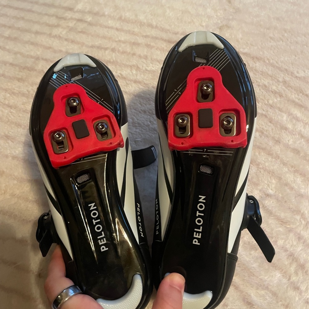 Peloton Black and White Cycling Shoes with Red Cleats